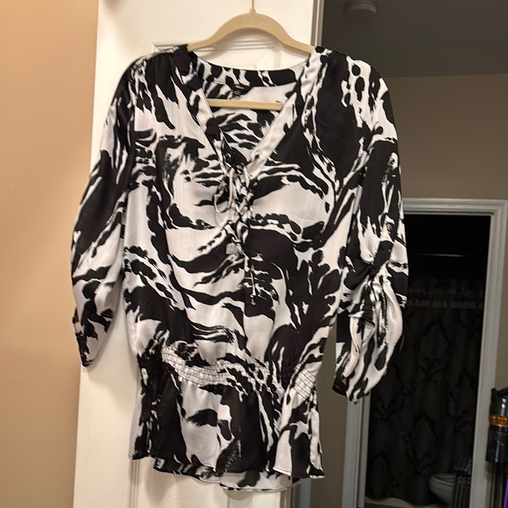 Milano Black and White Ruched Ruffled Blouse